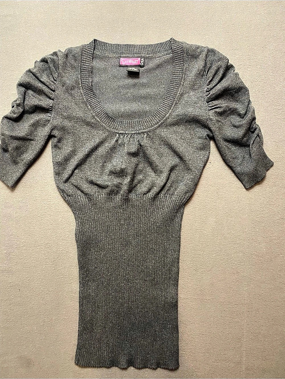 Say What Women’s Ruched Sleeve Knit Tunic in Gray Size Medium
